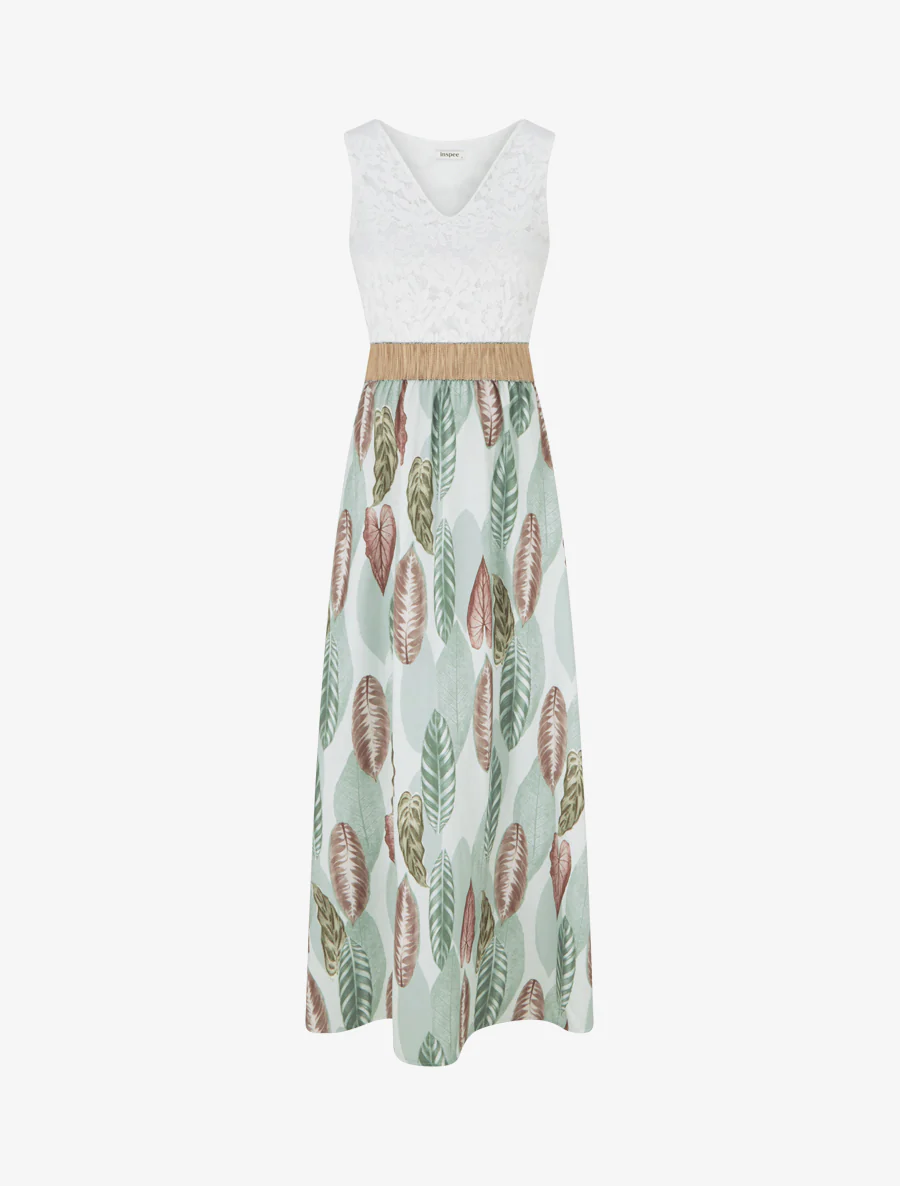 Robe longue à dentelle et imprimé feuilles - Vert amande