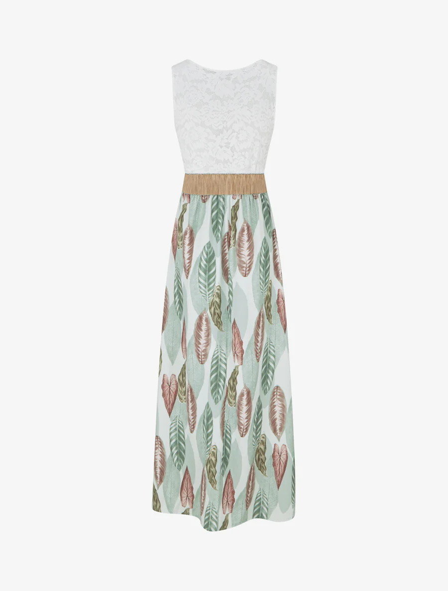 Robe longue à dentelle et imprimé feuilles - Vert amande - Image 2