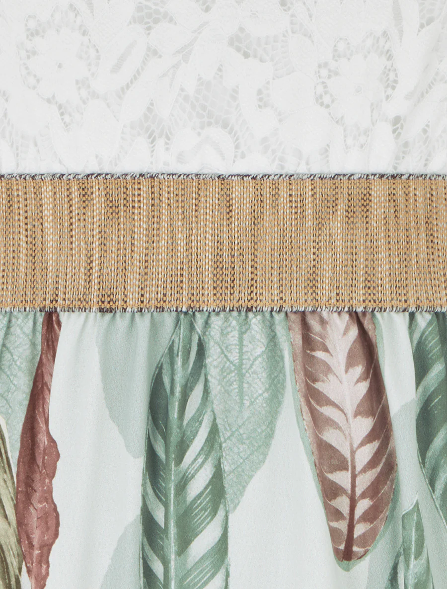 Robe longue à dentelle et imprimé feuilles - Vert amande - Image 3