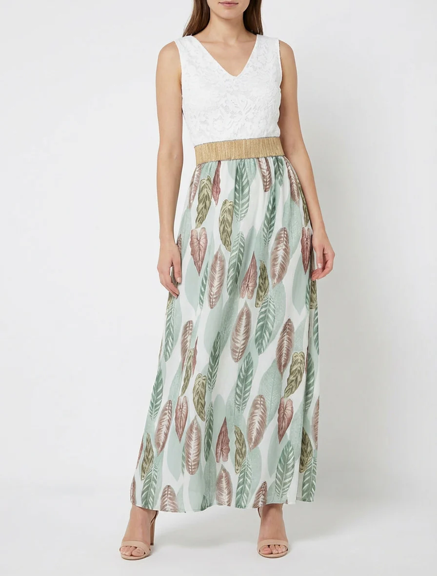 Robe longue à dentelle et imprimé feuilles - Vert amande - Image 4