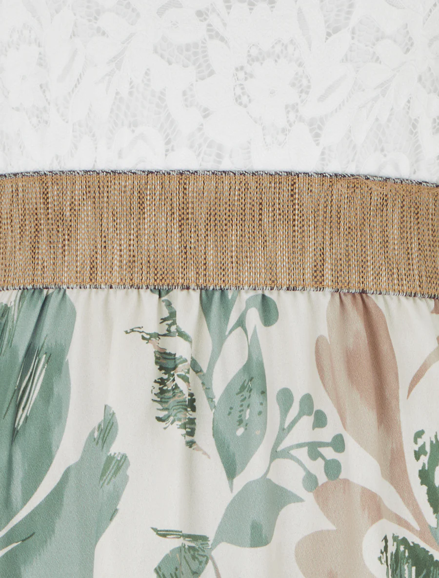 Robe longue à dentelle et imprimé floral - Kaki clair - Image 3