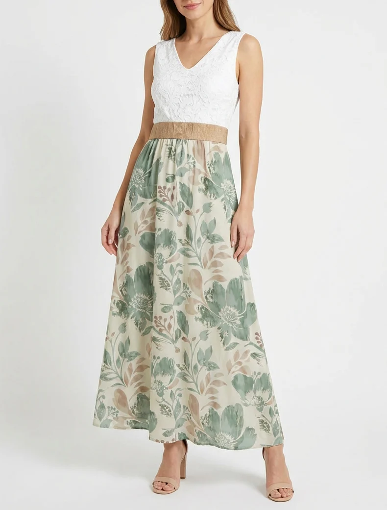 Robe longue à dentelle et imprimé floral - Kaki clair - Image 4