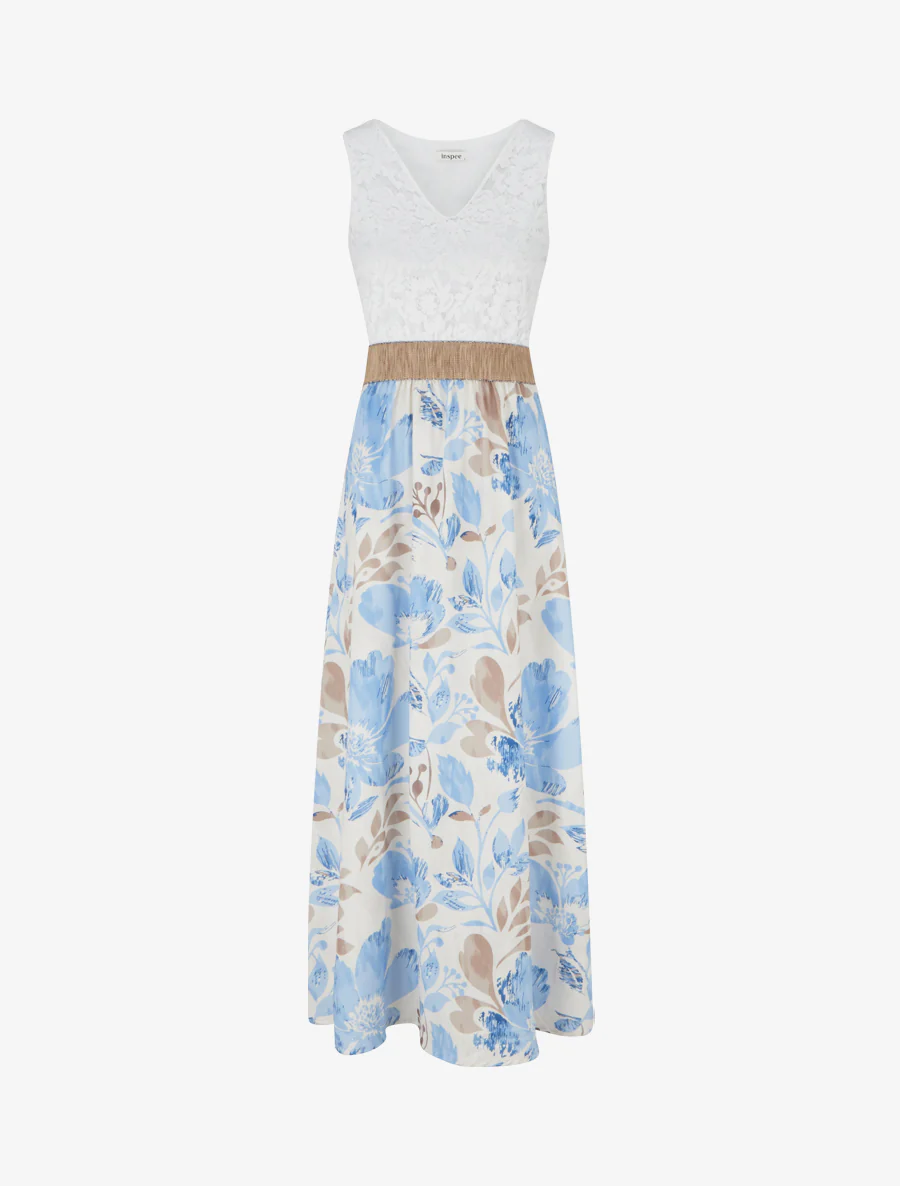 Robe longue à dentelle et imprimé floral - Bleu ciel