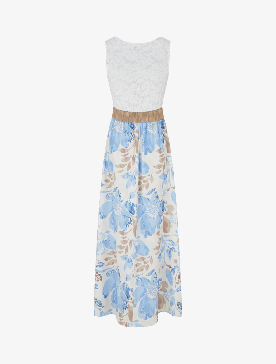 Robe longue à dentelle et imprimé floral - Bleu ciel - Image 2