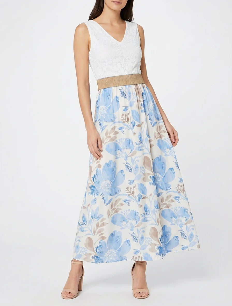 Robe longue à dentelle et imprimé floral - Bleu ciel - Image 4