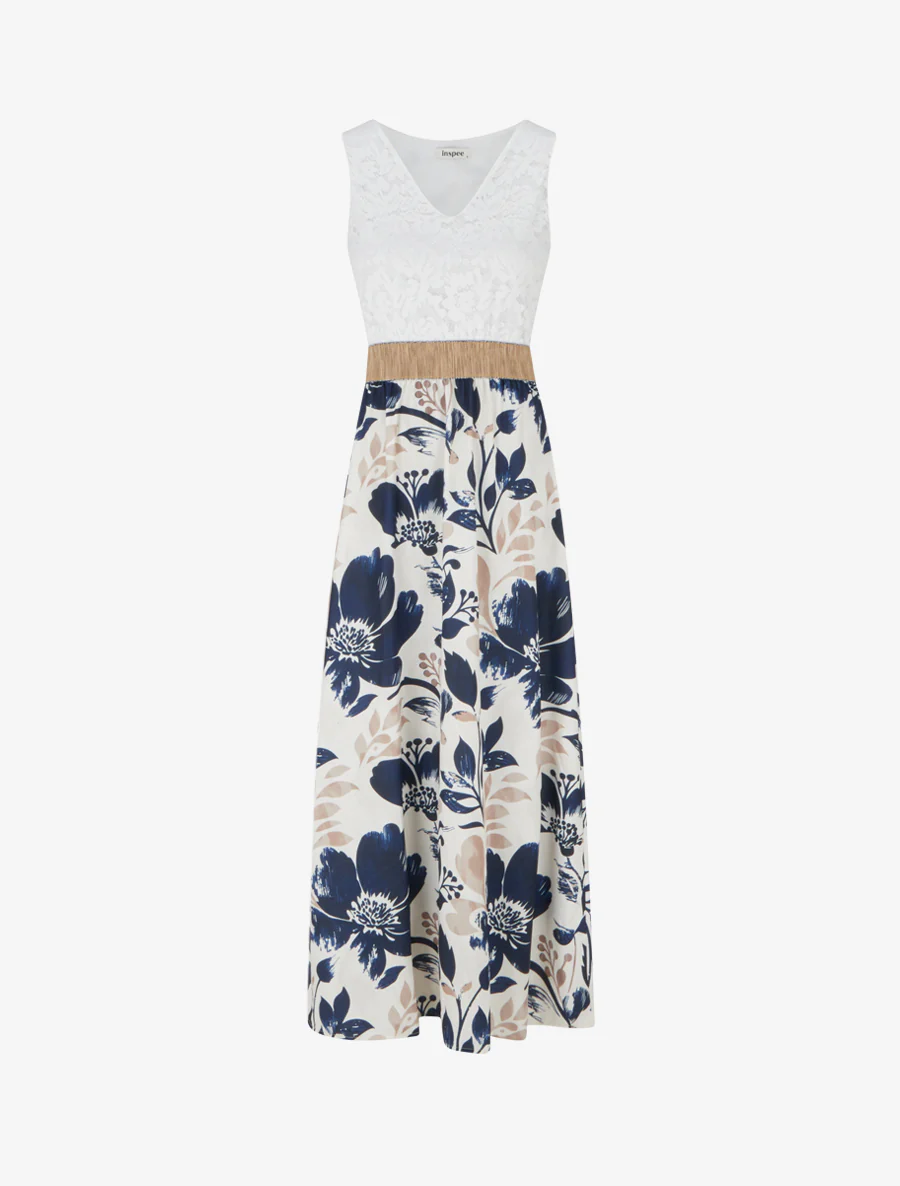 Robe longue à dentelle et imprimé floral - Marine