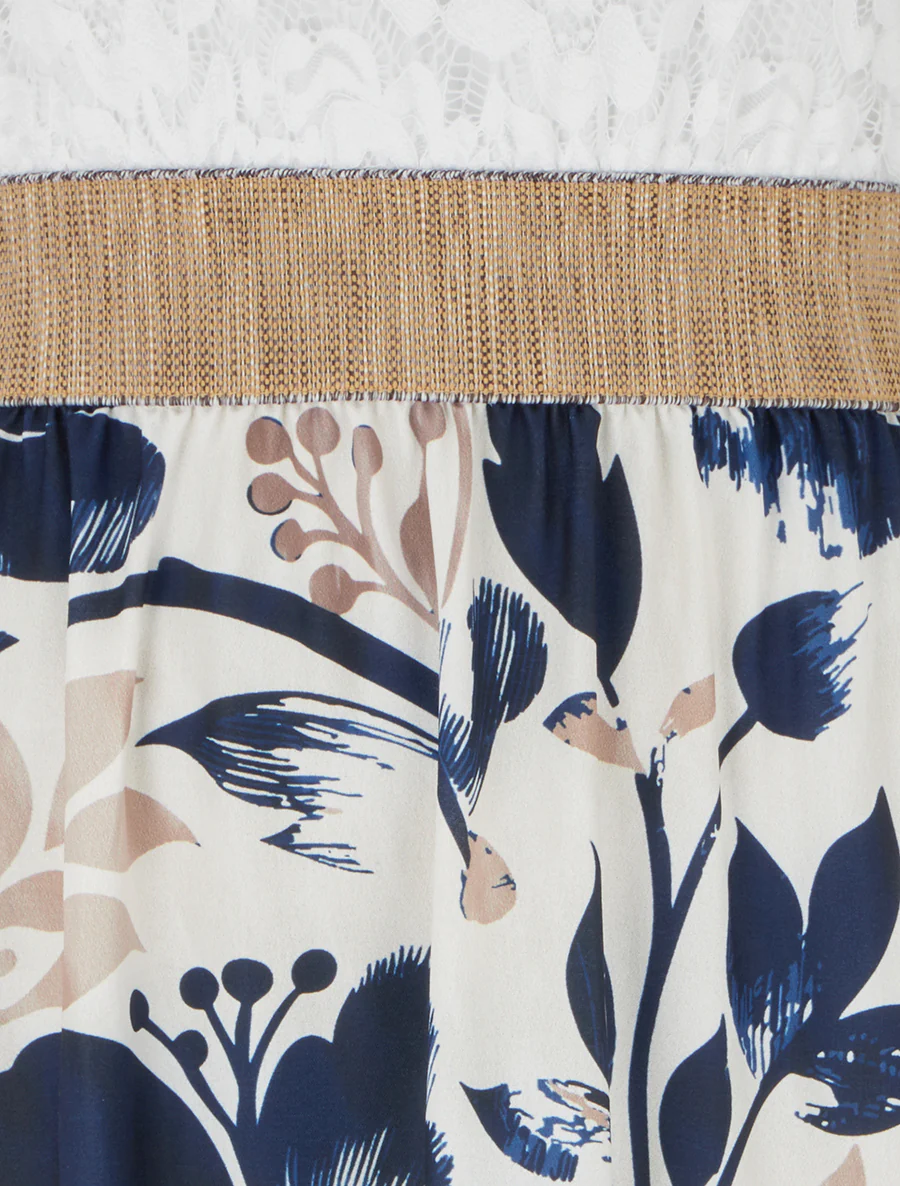 Robe longue à dentelle et imprimé floral - Marine - Image 3