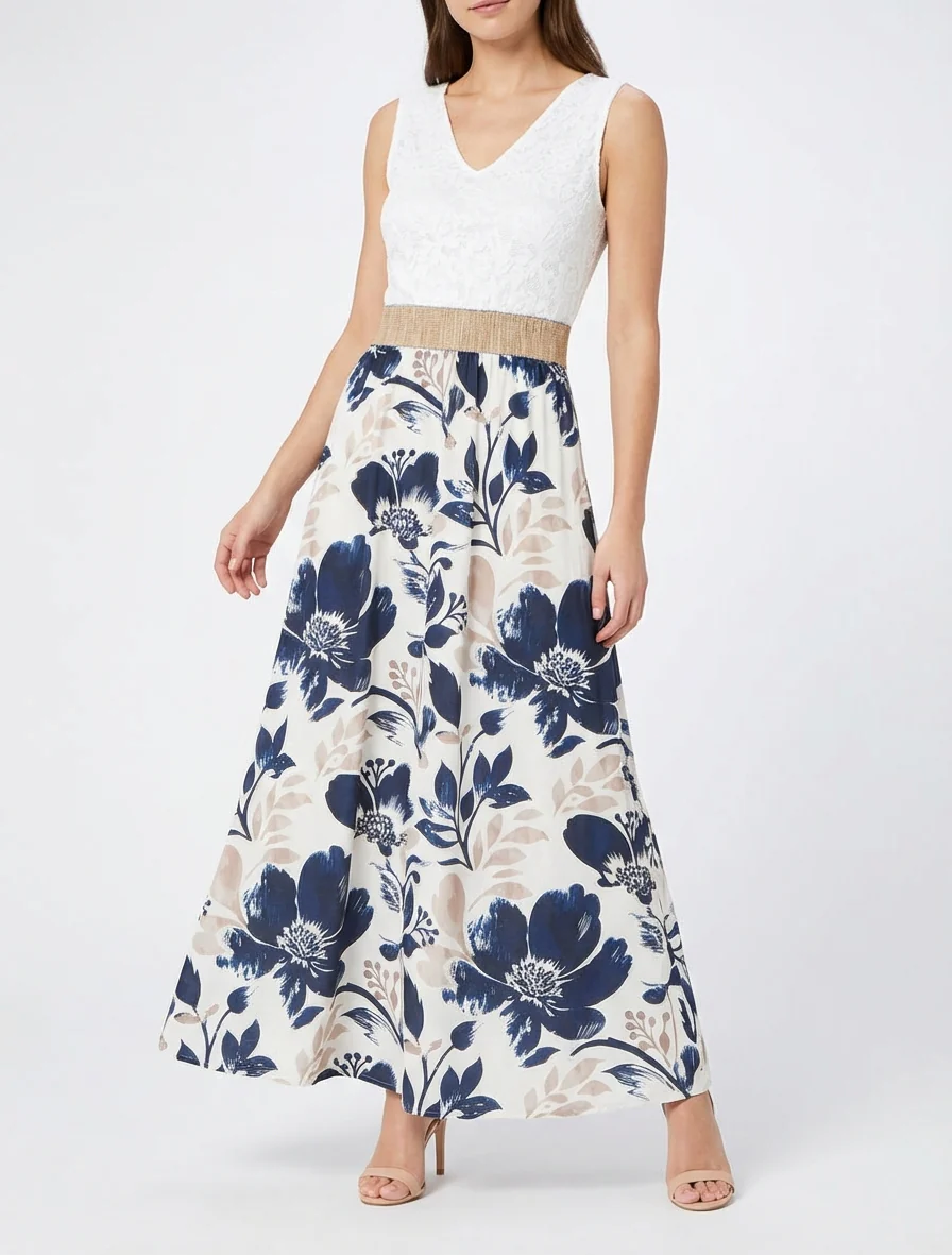 Robe longue à dentelle et imprimé floral - Marine - Image 4