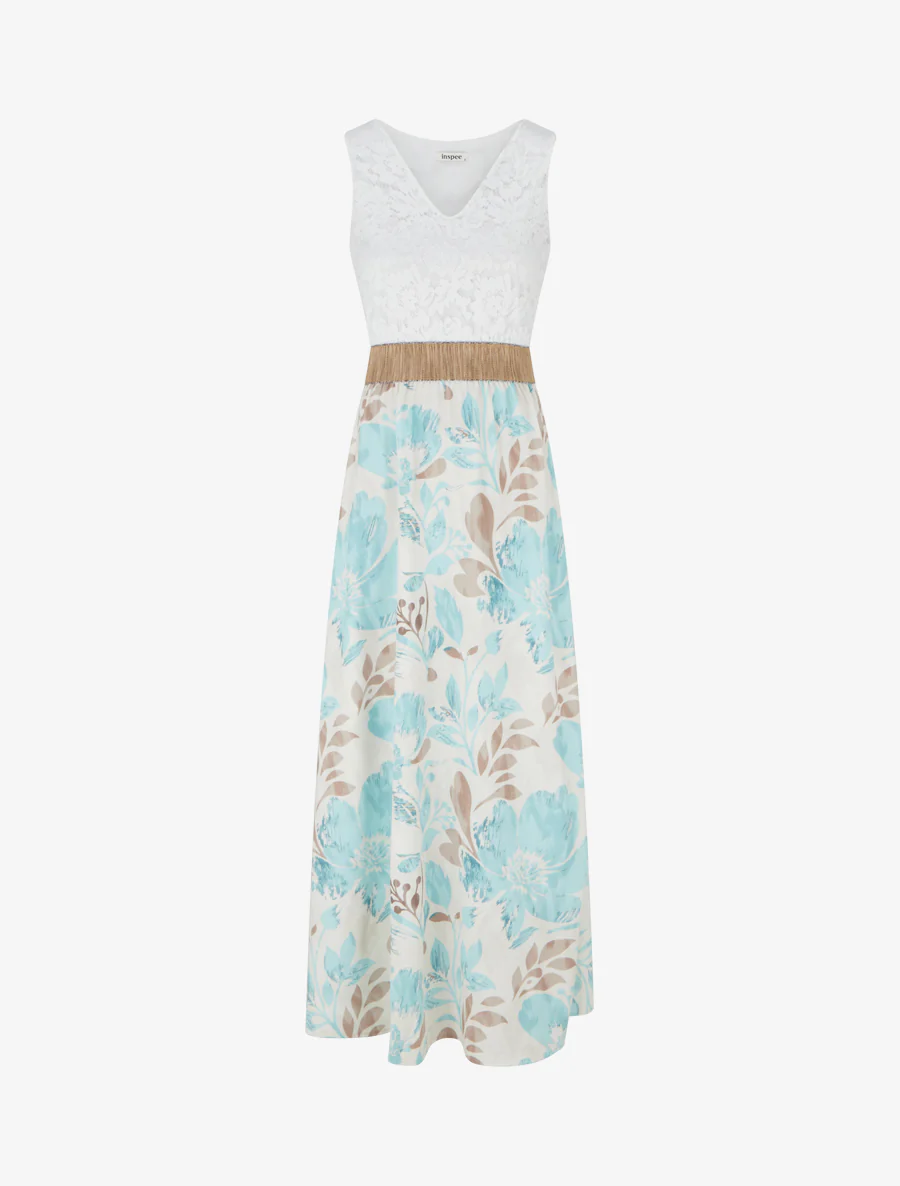 Robe longue à dentelle et imprimé floral - Vert d'eau