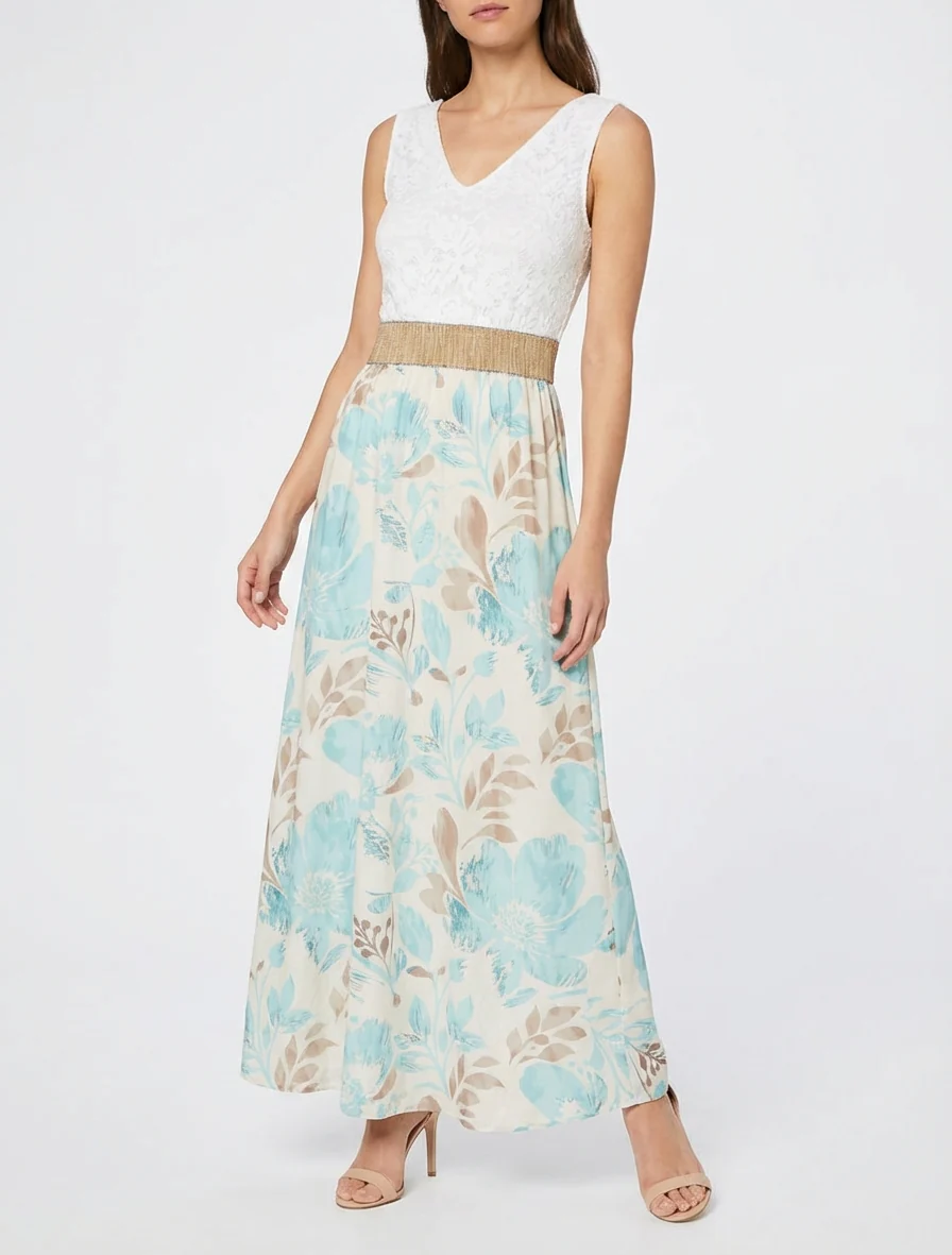 Robe longue à dentelle et imprimé floral - Vert d'eau - Image 4