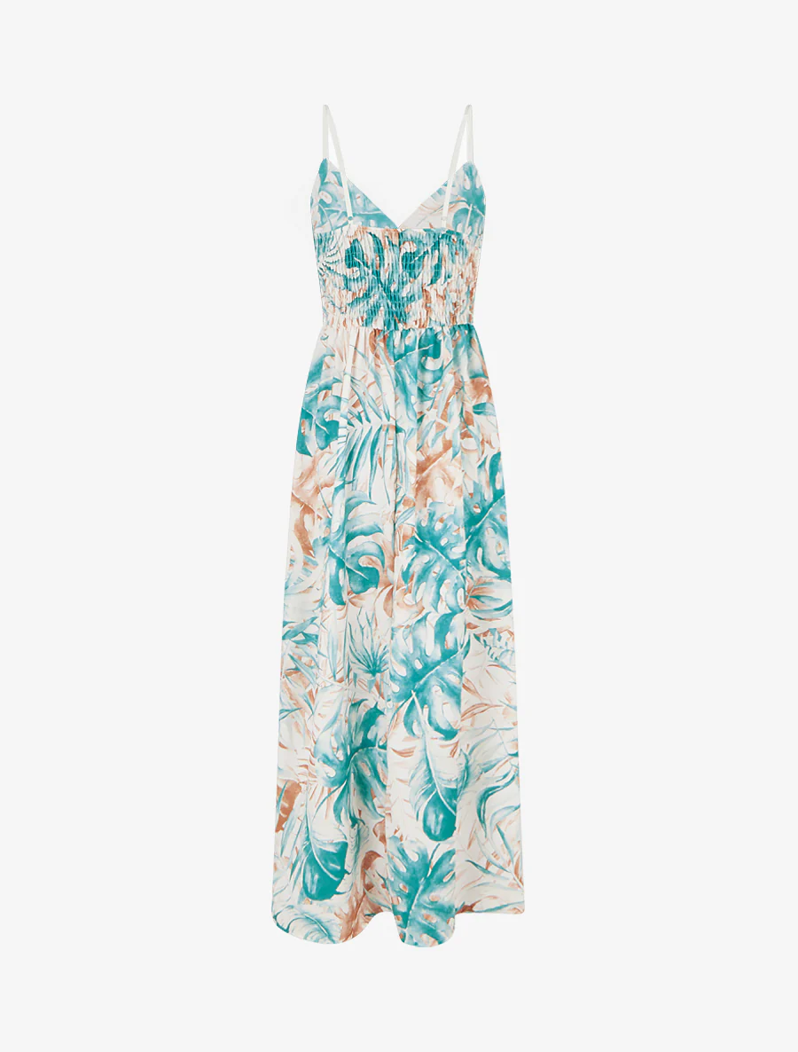 Robe longue à dos élastiqué imprimé feuillage - Turquoise - Image 2