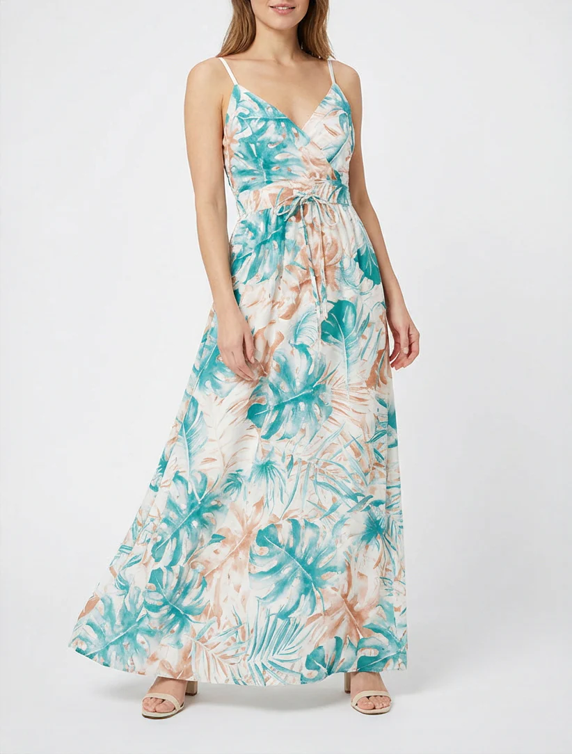 Robe longue à dos élastiqué imprimé feuillage - Turquoise - Image 4
