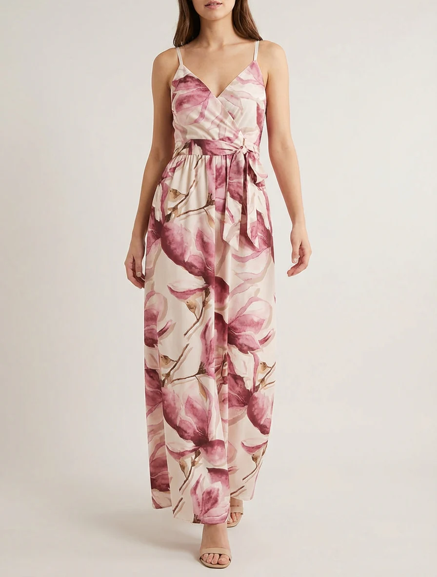 Robe longue à dos élastiqué imprimé fleuri - Vieux rose - Image 4