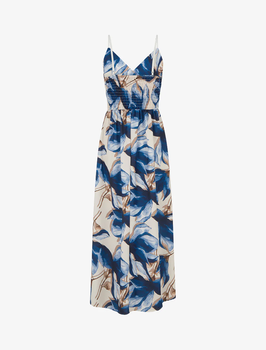 Robe longue à dos élastiqué imprimé fleuri - Marine - Image 2