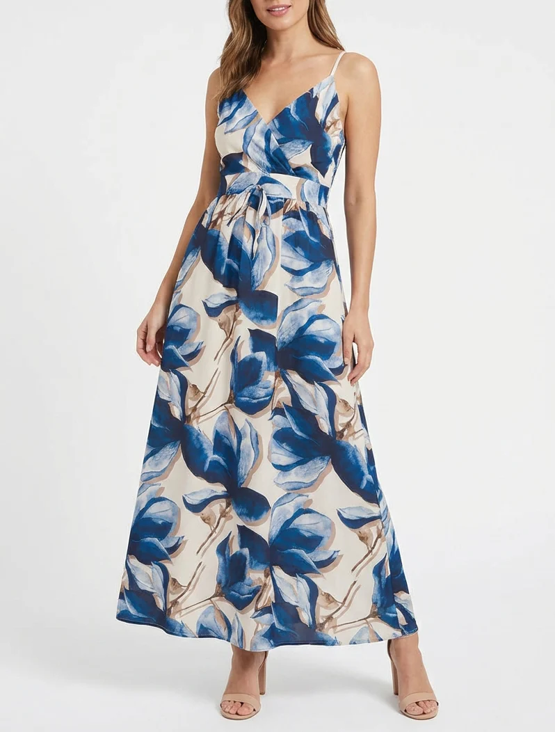 Robe longue à dos élastiqué imprimé fleuri - Marine - Image 4