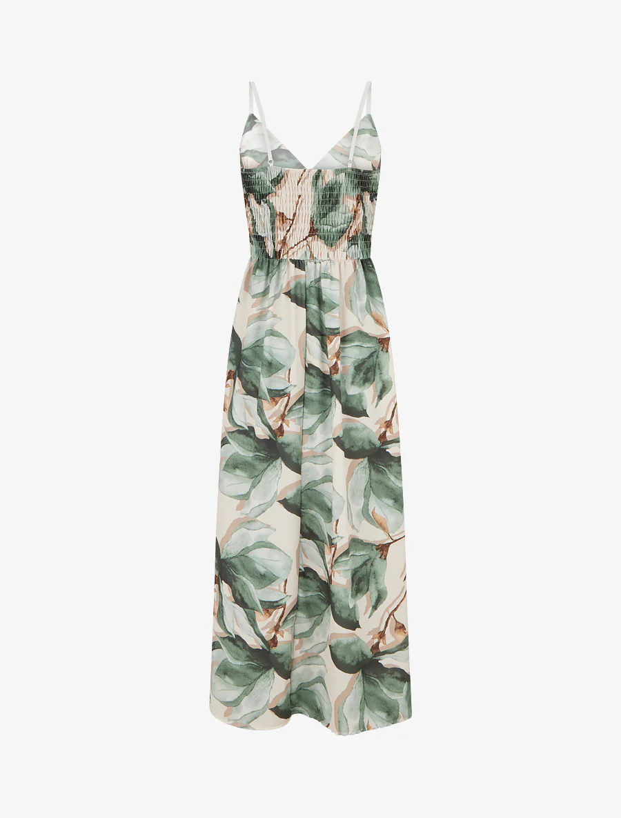 Robe longue à dos élastiqué imprimé fleuri - Kaki - Image 2
