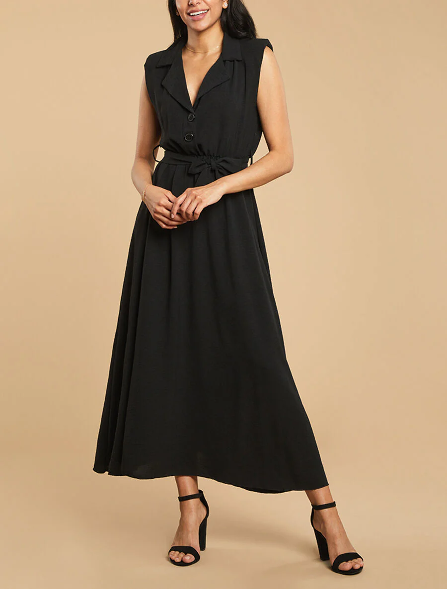 Robe longue à épaulettes effet lin - Noir - Image 4