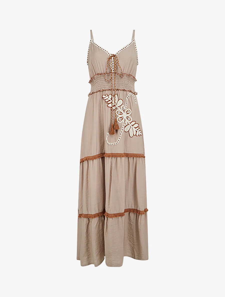 Robe longue à fines bretelles et broderie florale - Taupe