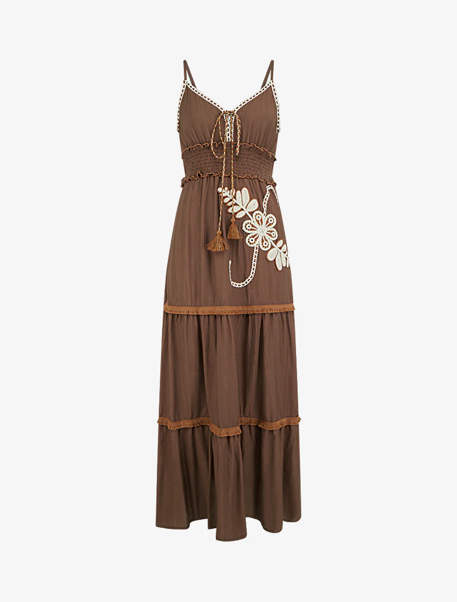 Robe longue à fines bretelles et broderie florale - Marron