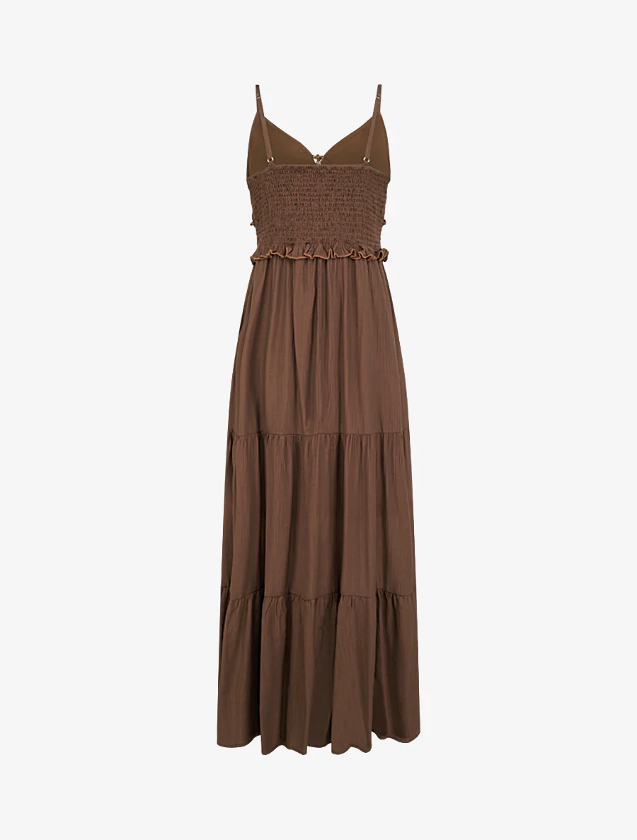 Robe longue à fines bretelles et broderie florale - Marron - Image 2