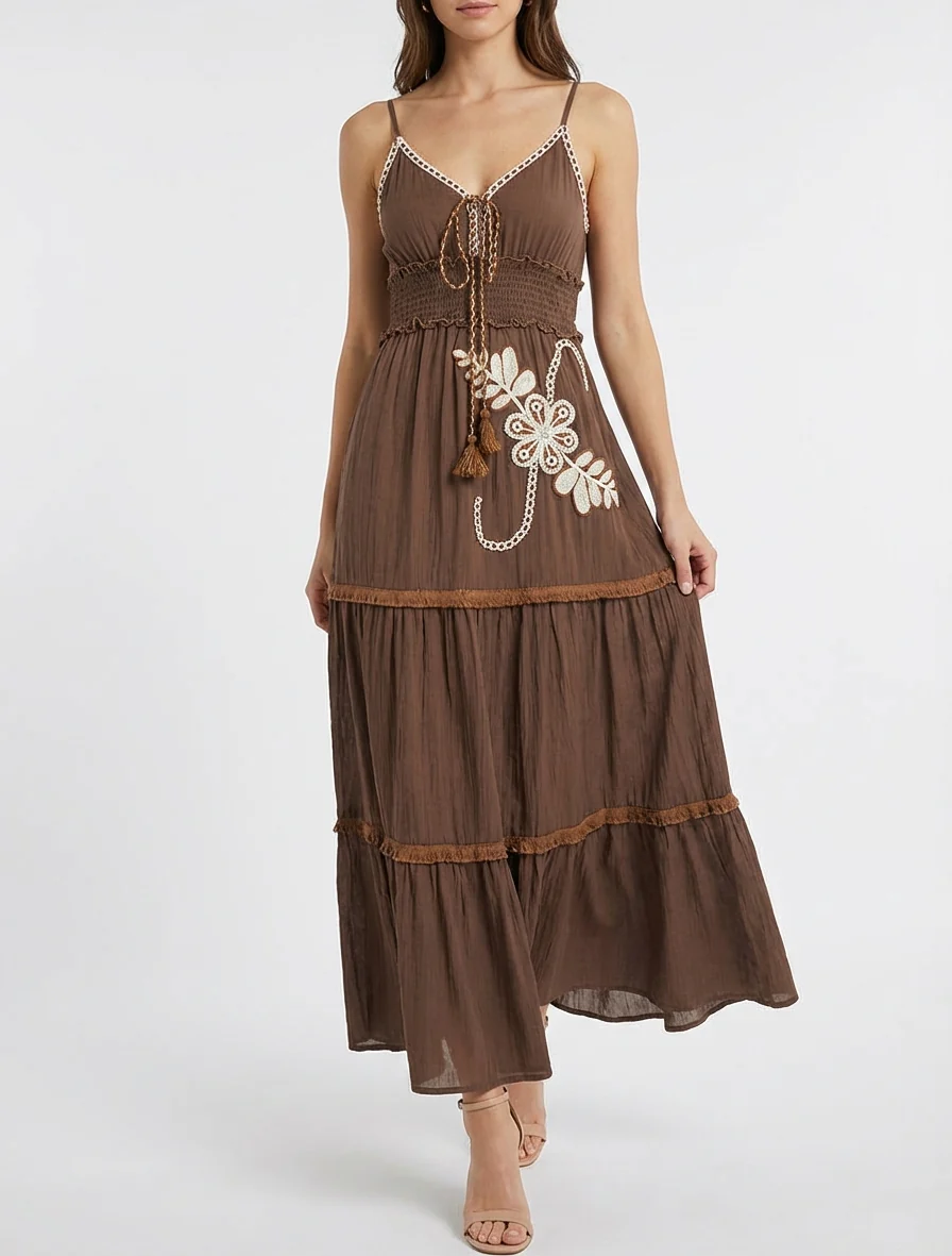 Robe longue à fines bretelles et broderie florale - Marron - Image 4