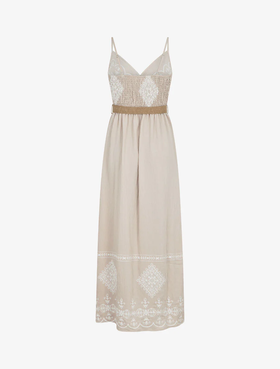 Robe longue à fines bretelles et broderies - Beige - Image 2