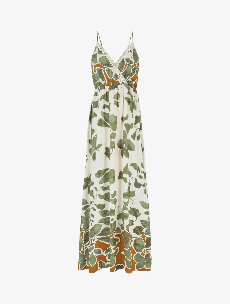 Robe longue à fines bretelles imprimé feuillage - Kaki