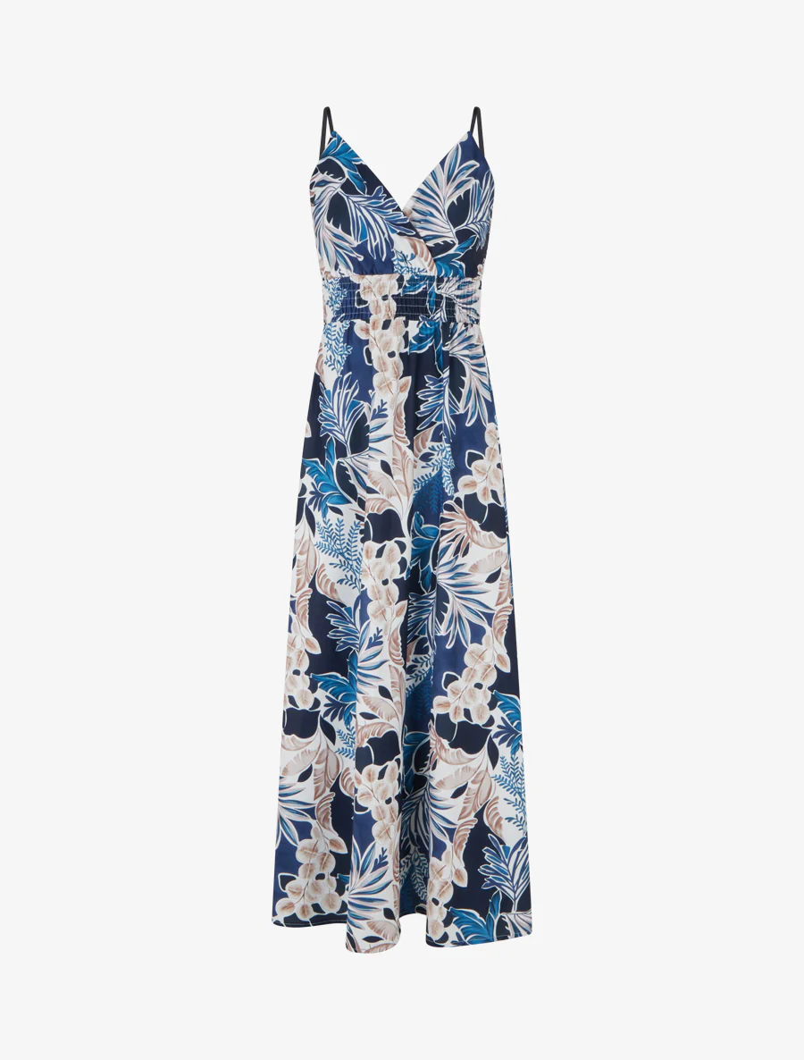 Robe longue à fines bretelles imprimé feuillage - Marine