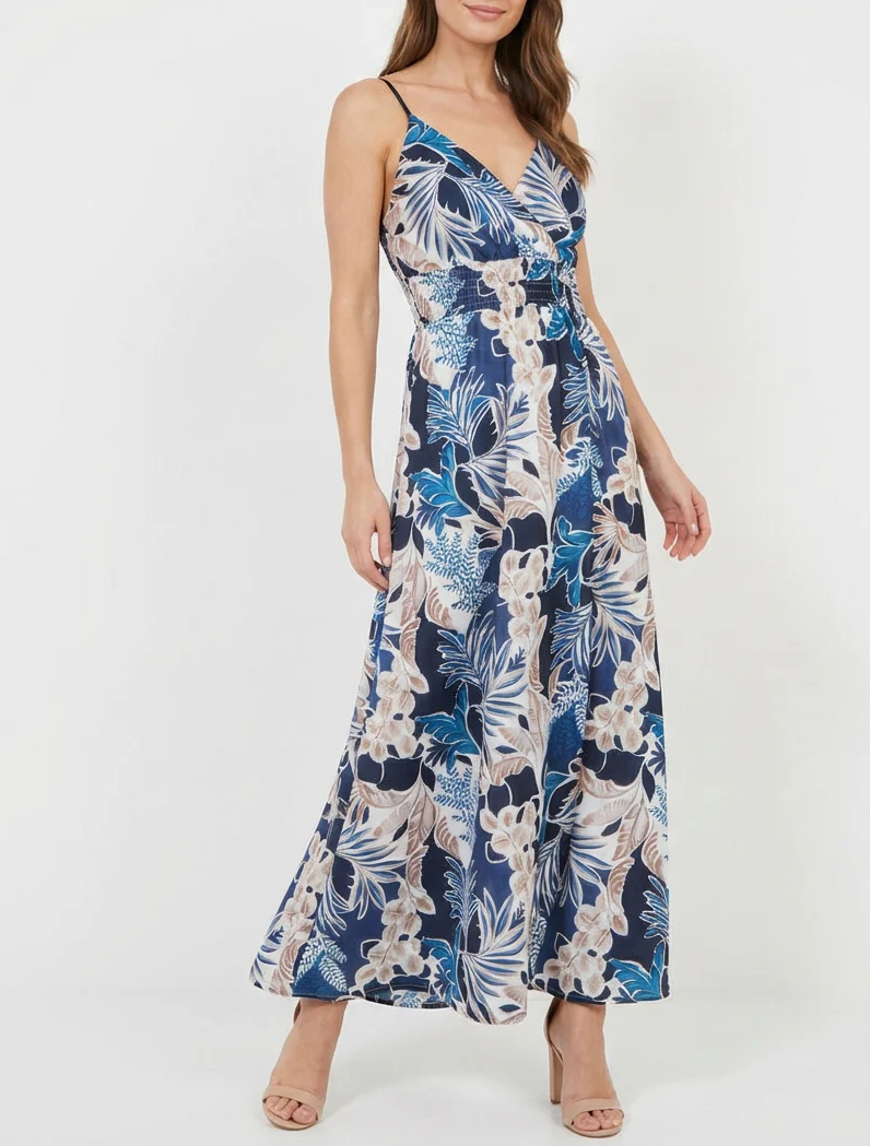 Robe longue à fines bretelles imprimé feuillage - Marine - Image 4