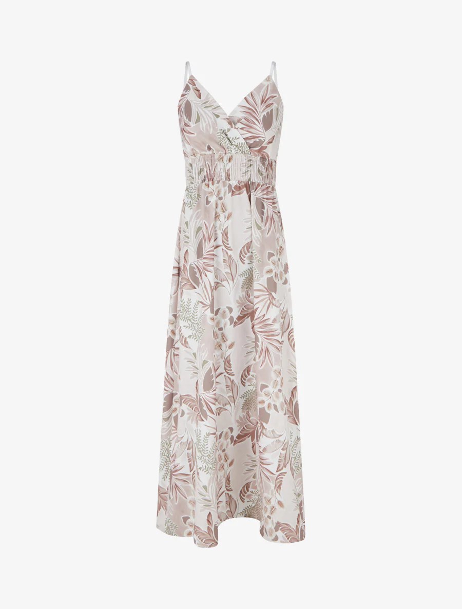 Robe longue à fines bretelles imprimé feuillage - Beige