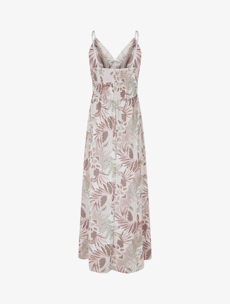 Robe longue à fines bretelles imprimé feuillage - Beige - Image 2