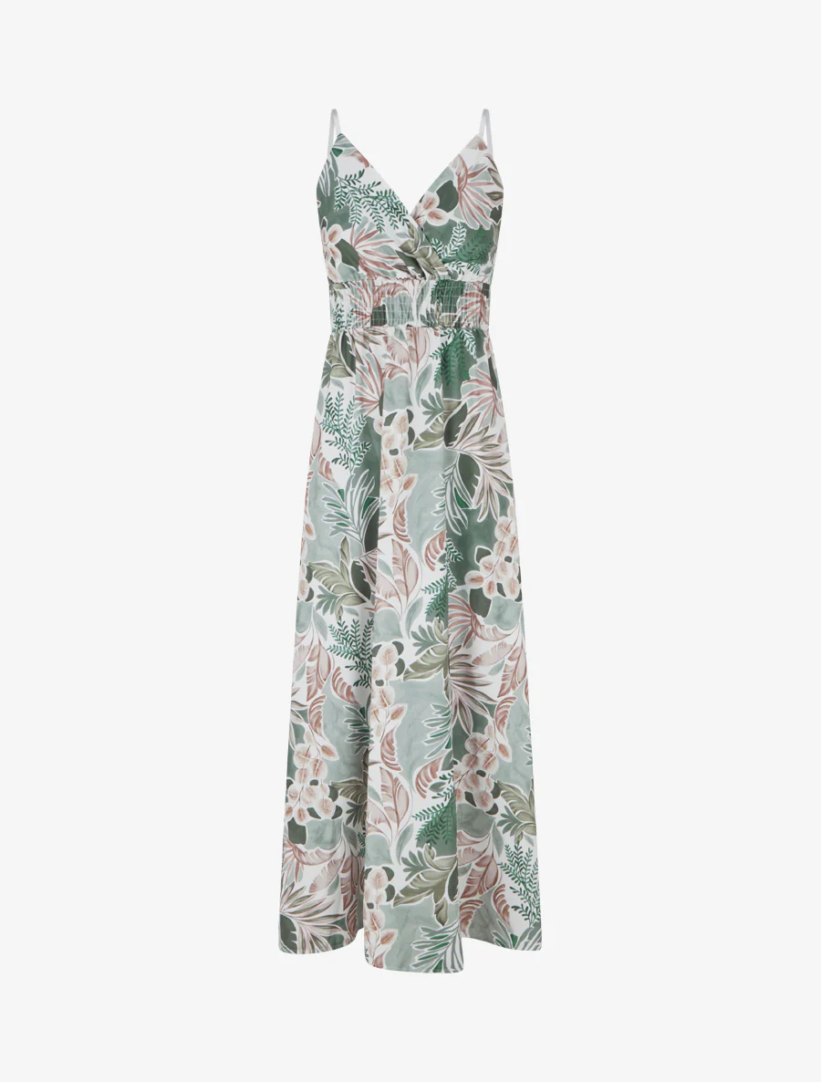 Robe longue à fines bretelles imprimé feuillage - Kaki