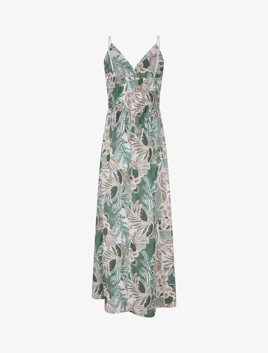 Robe longue à fines bretelles imprimé feuillage - Kaki - Image 2