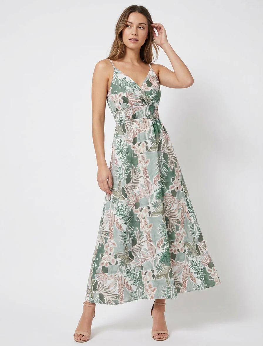 Robe longue à fines bretelles imprimé feuillage - Kaki - Image 4