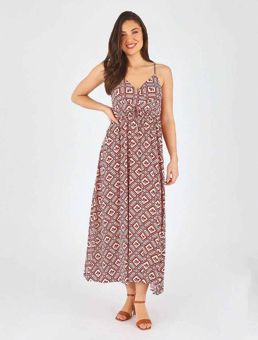 Robe longue à fines bretelles imprimé graphique - Rouge - Image 4
