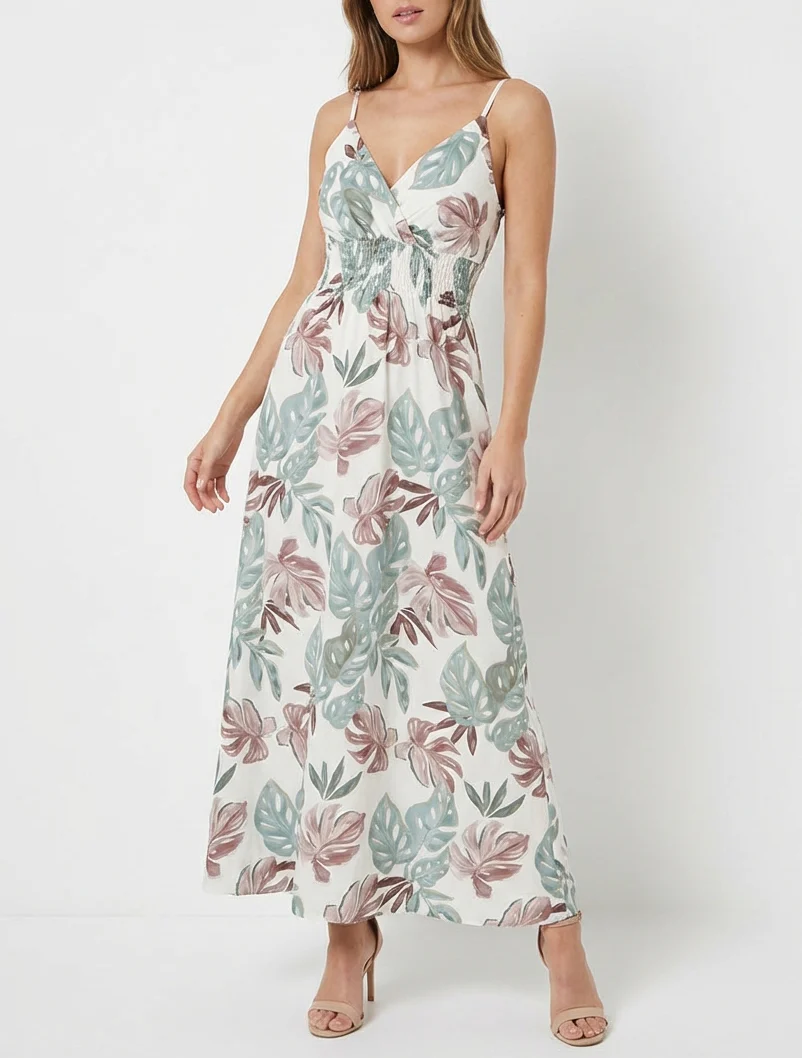 Robe longue à fines bretelles imprimé tropical - Kaki - Image 4