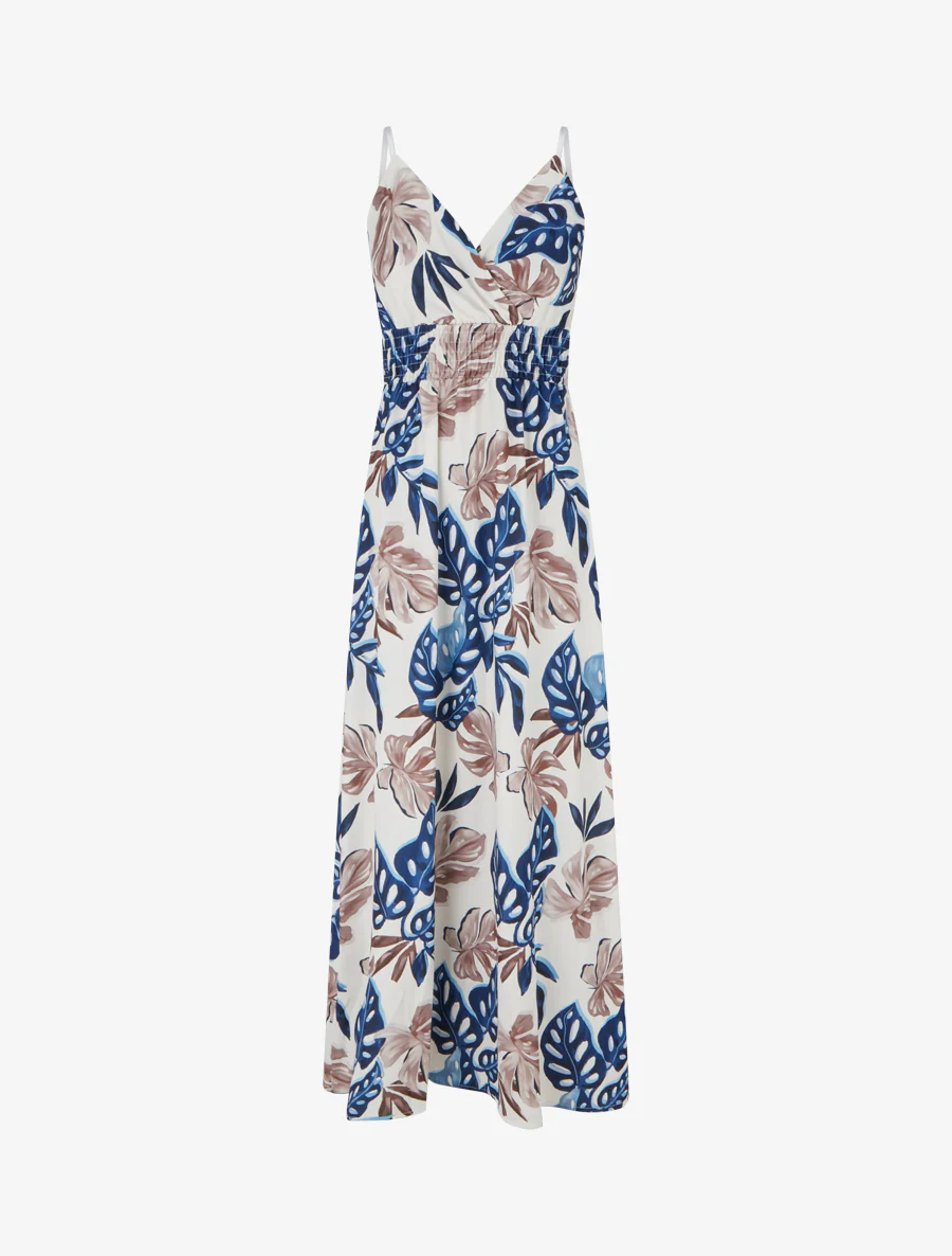 Robe longue à fines bretelles imprimé tropical - Marine