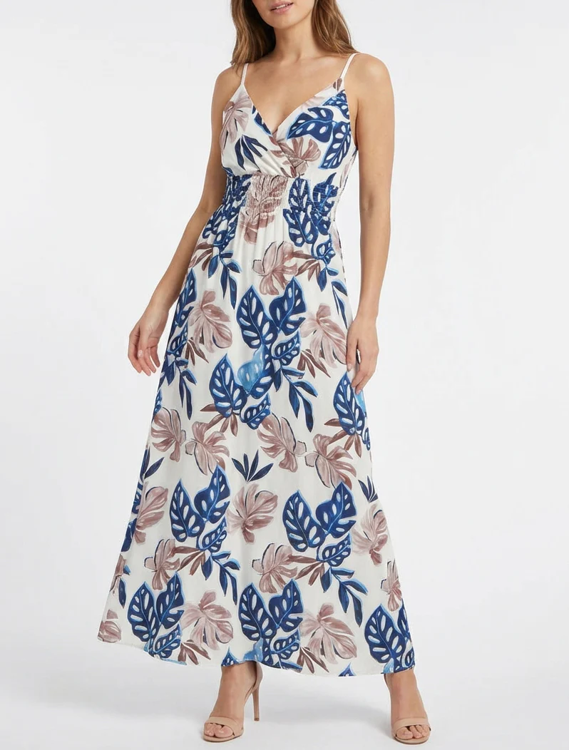 Robe longue à fines bretelles imprimé tropical - Marine - Image 4