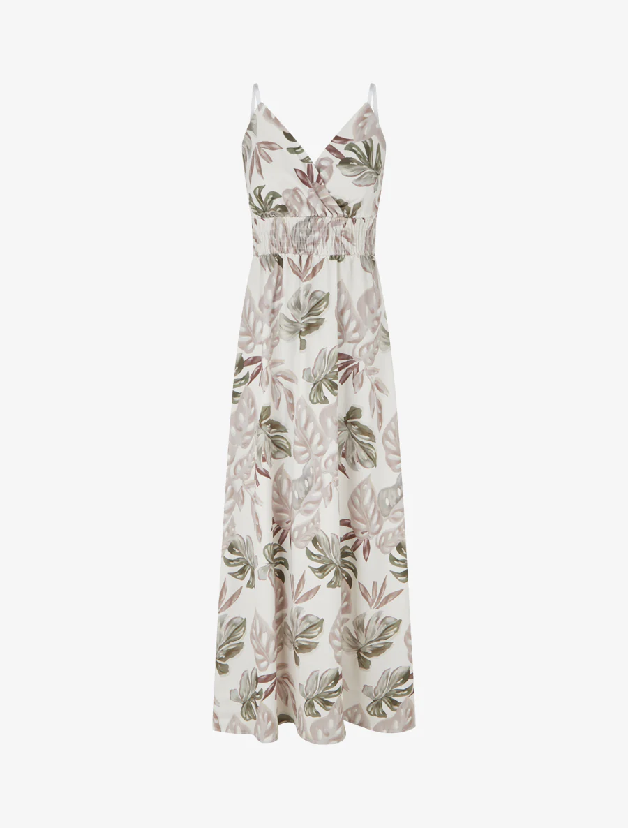 Robe longue à fines bretelles imprimé tropical - Beige