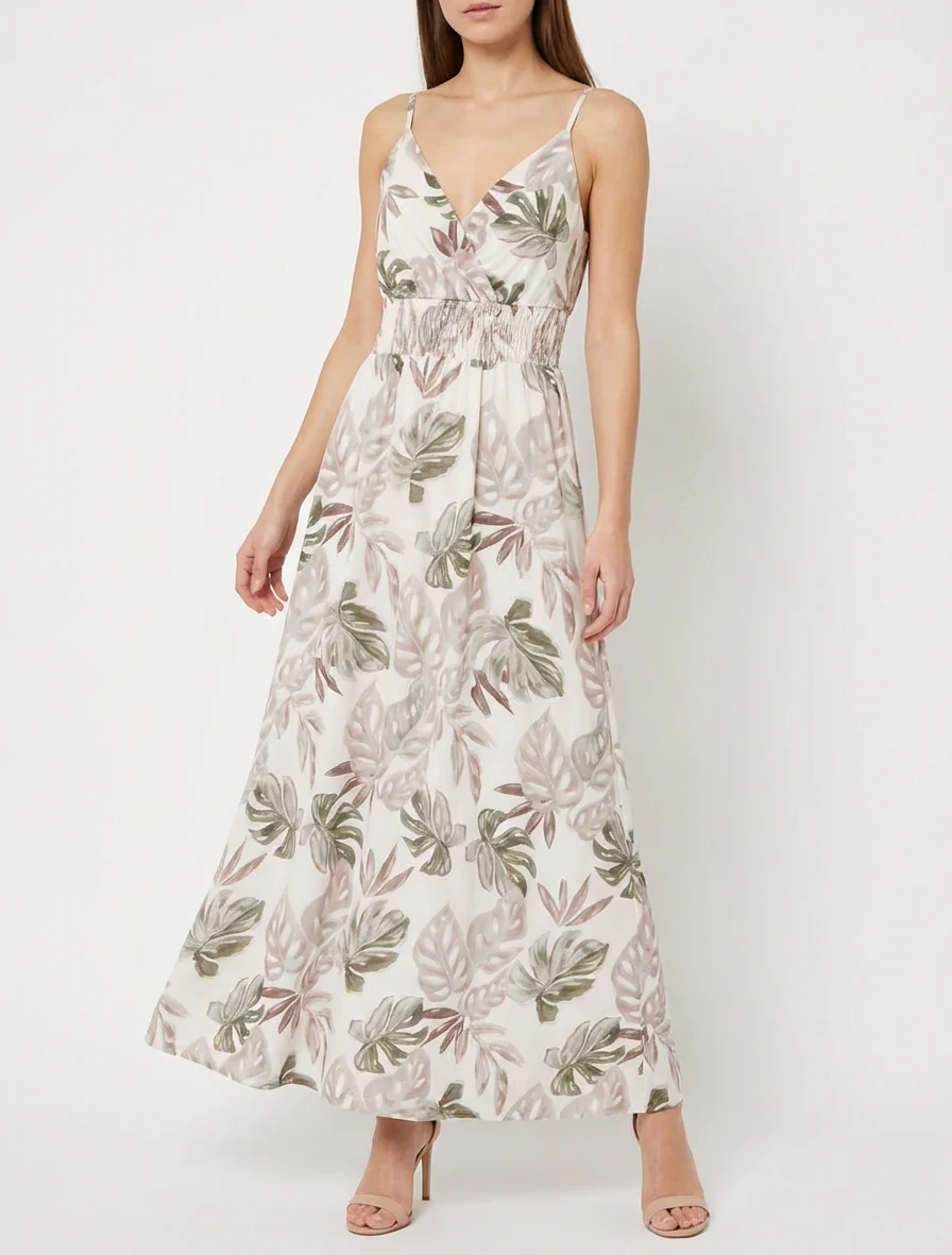 Robe longue à fines bretelles imprimé tropical - Beige - Image 4