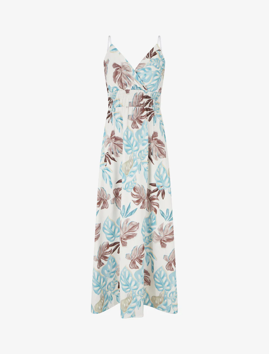 Robe longue à fines bretelles imprimé tropical - Bleu clair