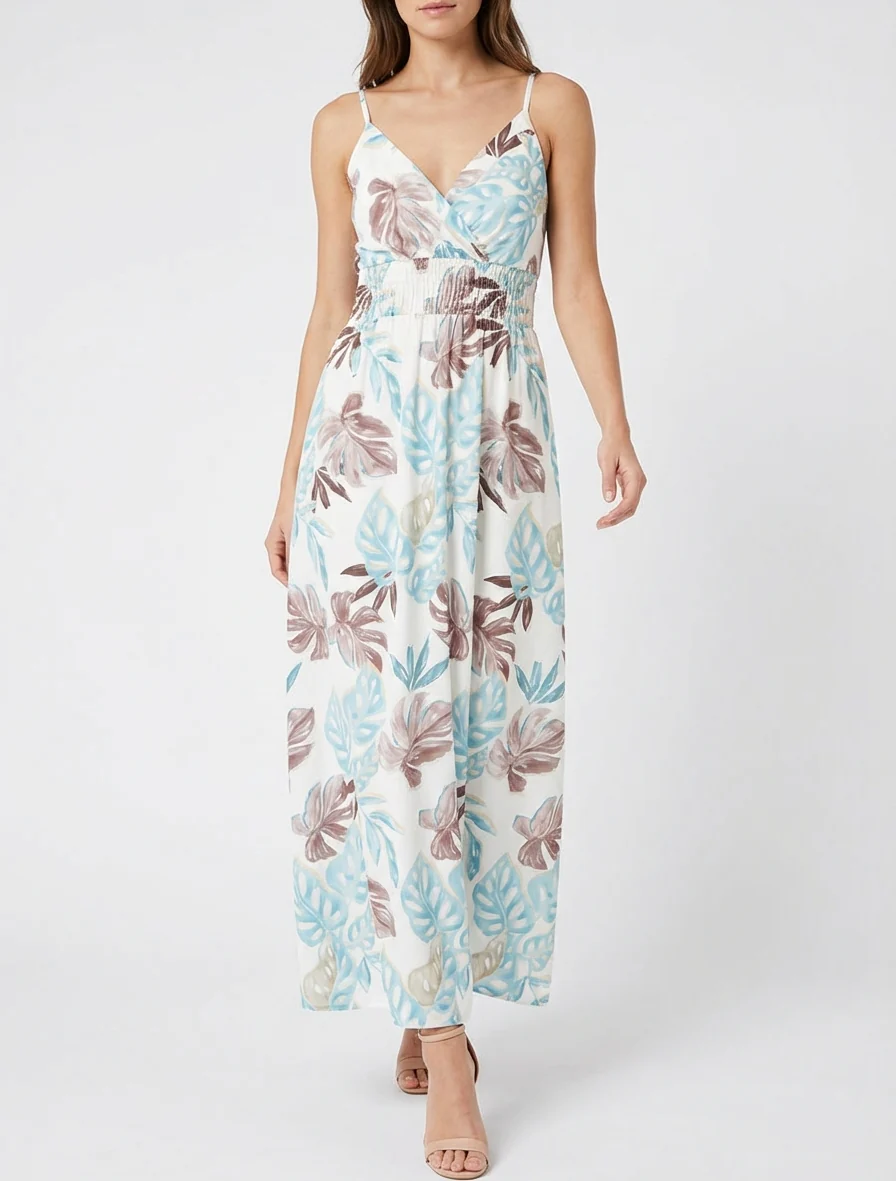 Robe longue à fines bretelles imprimé tropical - Bleu clair - Image 4