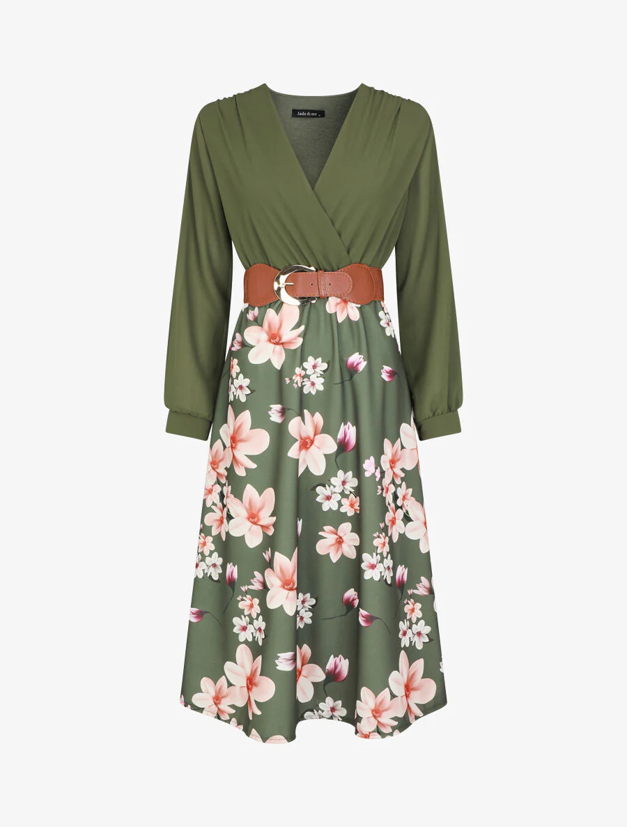 Robe longue à fleurs et col cache-coeur - Kaki