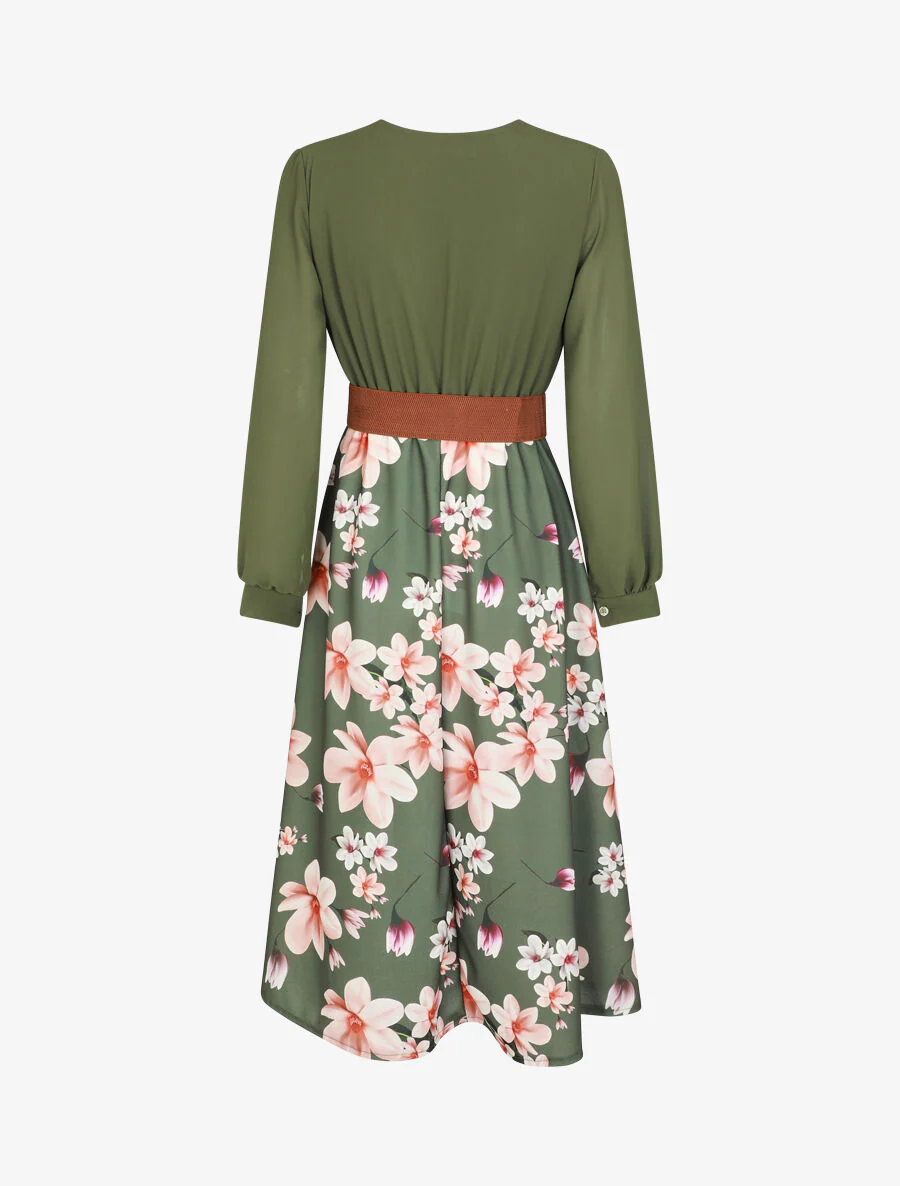 Robe longue à fleurs et col cache-coeur - Kaki - Image 2