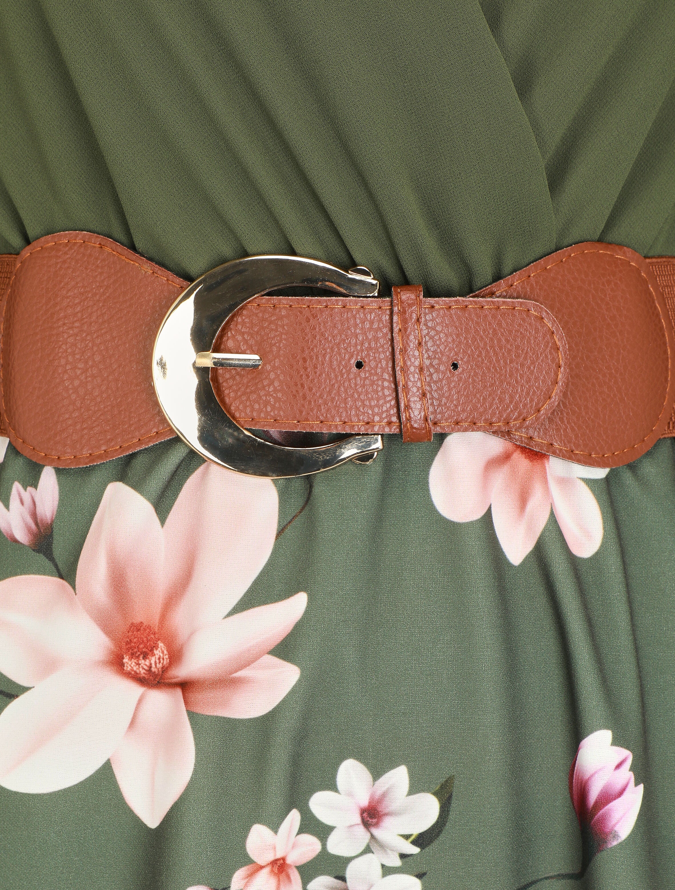 Robe longue à fleurs et col cache-coeur - Kaki - Image 3