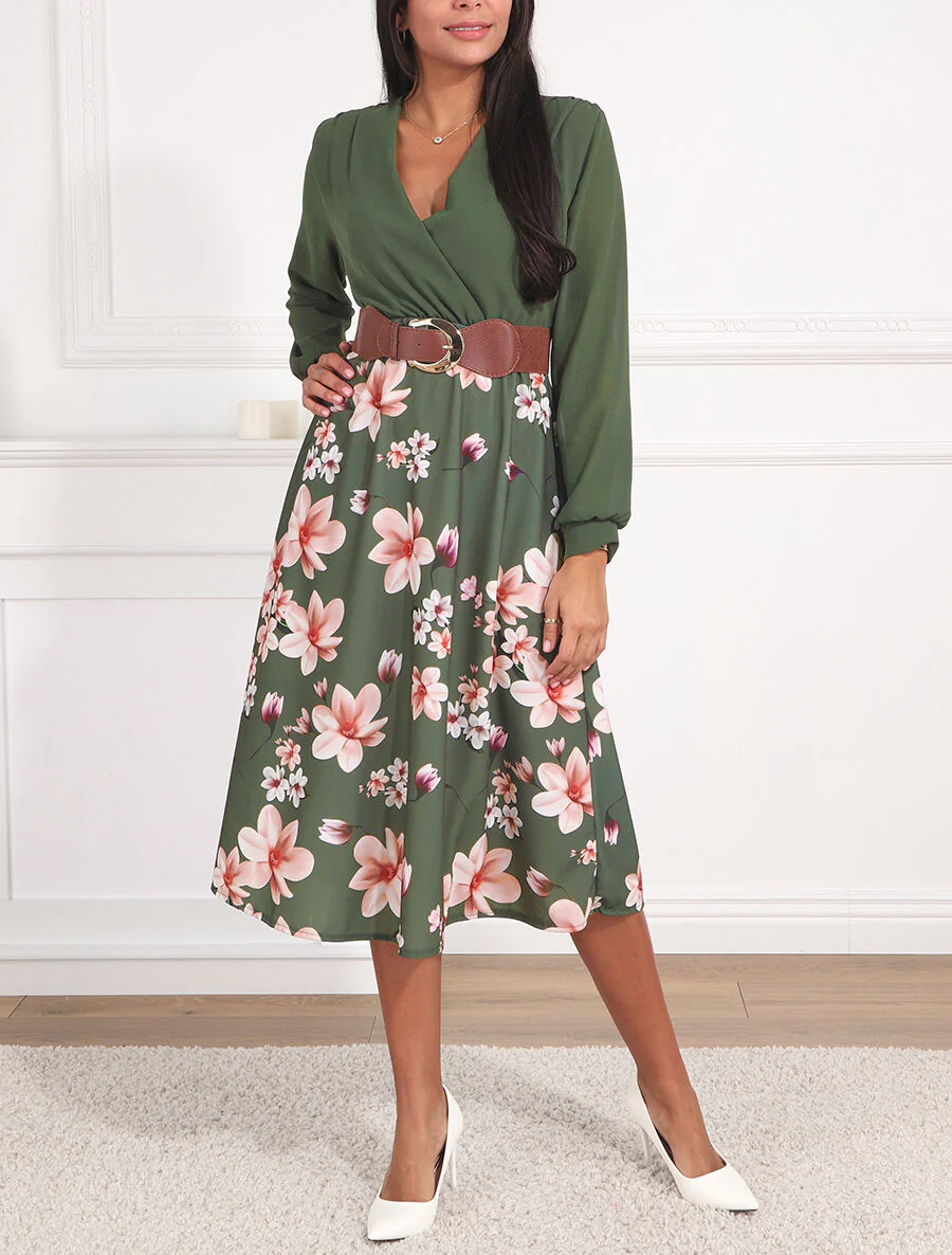 Robe longue à fleurs et col cache-coeur - Kaki - Image 4