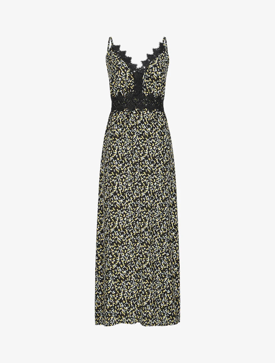 Robe longue à fleurs graphiques et à fines broderies - Noir