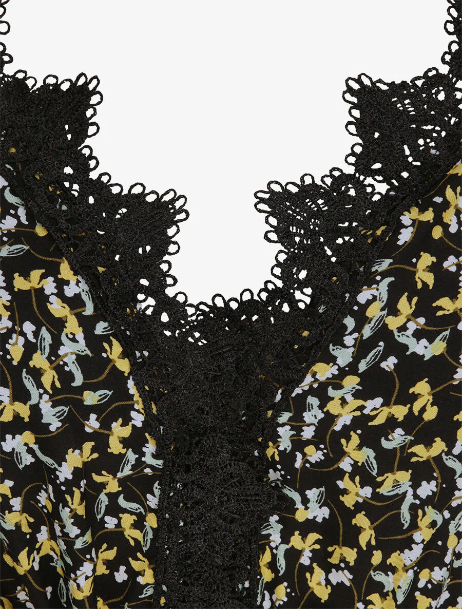 Robe longue à fleurs graphiques et à fines broderies - Noir - Image 3