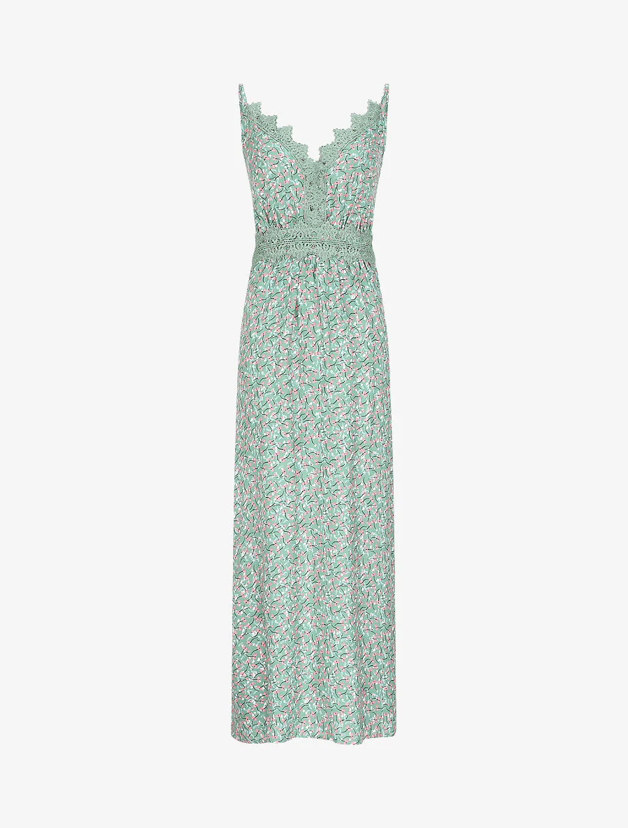 Robe longue à fleurs graphiques et à fines broderies - Vert amande - Image 2