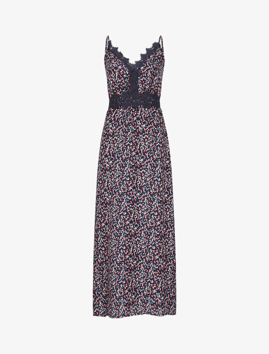 Robe longue à fleurs graphiques et à fines broderies - Marine